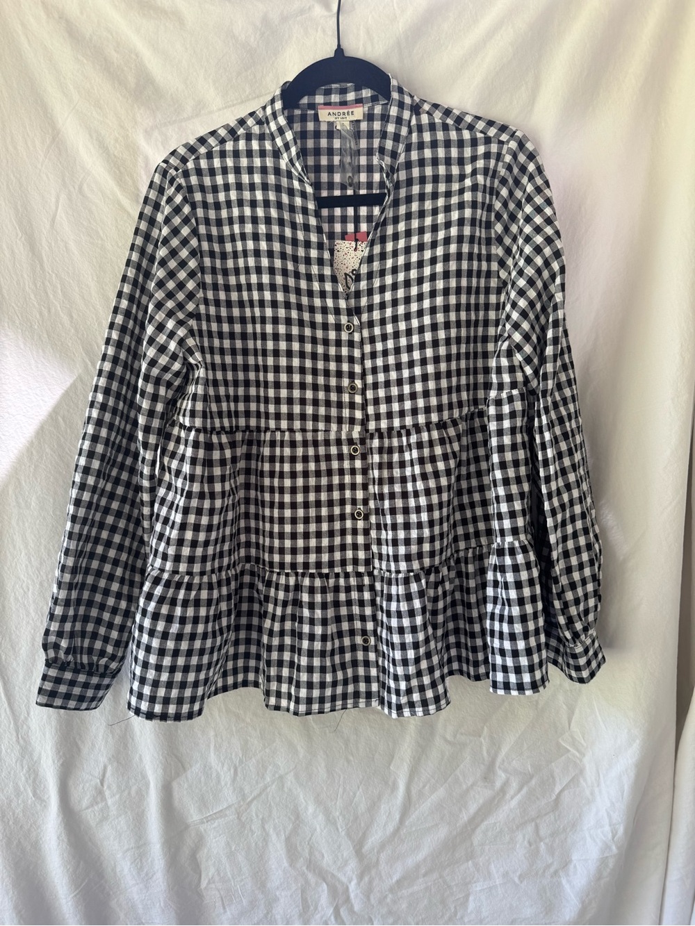 Andree Black & White Gingham Tiered Button-Up Top